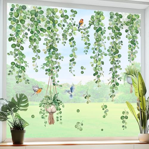 decalmile Fensterbilder Hängende Rebe Fenster Abziehbilder Grün Blätter Fensteraufkleber Pflanzen Vögel Fenstersticker Glas Fensterdeko Aufkleber
