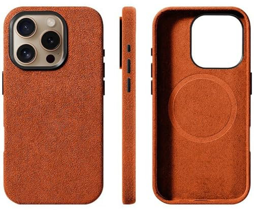 QANXGOG Alcantara Suede Case for iPhone 16 Pro Max/16 Pro/16 Plus/16, Compatible with MagSafe Handmade Genuine Italian Suede Leather Ultra-Slim Anti-Scratch Anti-Slip,Orange,16 Pro Max