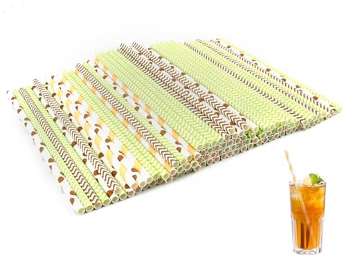 Lot de 200 Pailles en Papier Compostables, 19,7 cm Biodégradables Pailles, Pois, Rayures et Vagues, Idéales pour Cocktails, Jus, Café, Bars, Restaurants, Fêtes, Boissons Chaudes et Froides