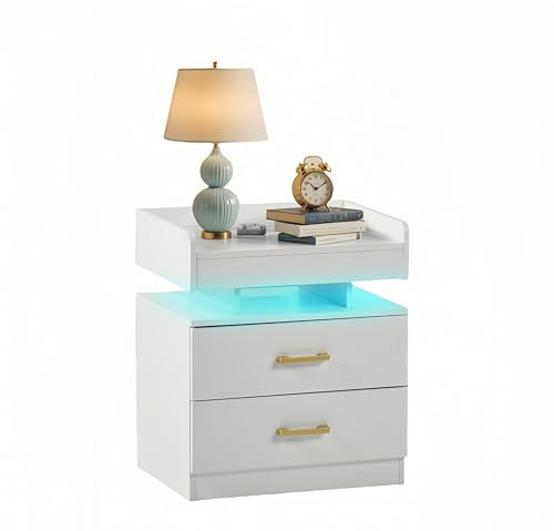 GOKHOMX Table de Chevet avec Multiprise,Table d'appoint avec Éclairage LED,Chevet Connectée avec 2 Tiroirs et Compartiment Ouvert pour Chambre, Salon,Blanc,45x35x52cm