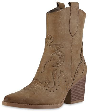 VAN HILL Damen Cowboy Boots Trichterabsatz Nieten Trendy Schuhe 216992 Khaki 39