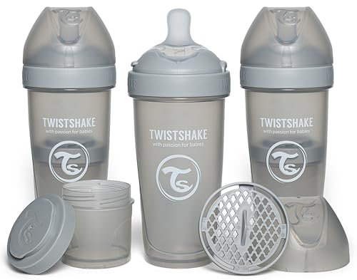 Twistshake 3x Pro Double Biberon Anti-colique avec Récipient à lait en Poudre et Mélangeur - 330 ml | Mamelon en Silicone à Débit Rapide | Sans BPA | Convient aux Bébés à Partir de 4 Mois | Gris