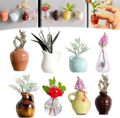 8Pcs Cute Mini Ceramic Vase Magnets for Fridge, Funny Small Plant Magnets, Tiny 3D Plant Vase for Refrigerator Decoration Kitchen Locker Kitchen Office