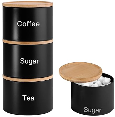 RLS Set of 3 Black Stacking Canisters – Tea, Coffee, Sugar Storage Jars with Easy Open & Airtight Bamboo Lids