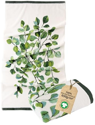 ZWOLTEX - Handtücher Premium Art Design - Eucalyptus, Groß Bedrucktes Handtuch 70x140 cm, Badehandtuch aus 100% Organic Baumwolle 650g mit GOTS-Zertifikat, Weich und Saugfähig Towel