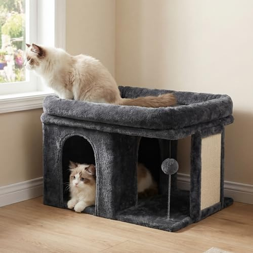 Heybly Kratzbaum, 35 cm Hoher Katzenbaum mit Großem Ruhebett und Gemütlichem Katzenhaus für Erwachsene Katzen, Inklusive Kratzpfosten und Interaktivem Plüschball, Rauchgrau HCT203SG