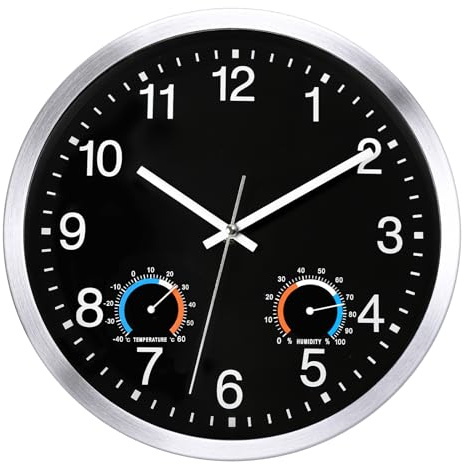 KIZLOC 30 cm Outdoor Uhr wasserfest mit Thermometer und Hygrometer, Schwarz | Wetterfest, Leicht lesbar & Lautlos | mit silbernem Aluminiumrahmen | Quarz-Wanduhr für Garten, Badezimmer