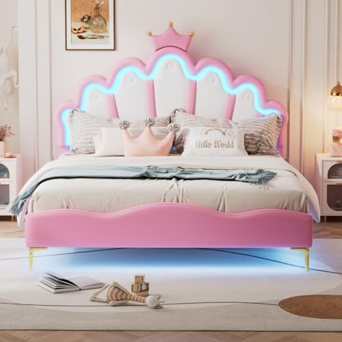 Lit Enfant 140x200, Lit Adolescente Fille en Forme de Couronne, LED Lits Princesse avec Tête de Lits Réglabe, Cadre Lits 1 Place en Nuages, Rose PU, sans Matelas
