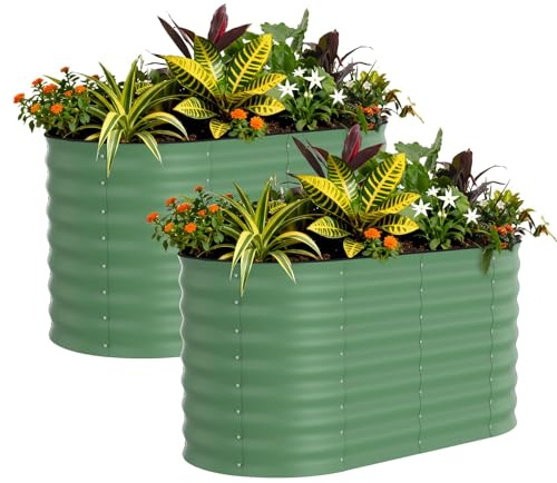 Hochbeet Metall 2er Set 120x60x60 cm, Oval Verzinktes Gartenbeet Mit Sicherheitskante, Pflanzbeet Mit Offenem Boden Wetterfest & Rostfrei, Gemüsebeet Für Blumen Kräuter Terrasse Balkon, Grün
