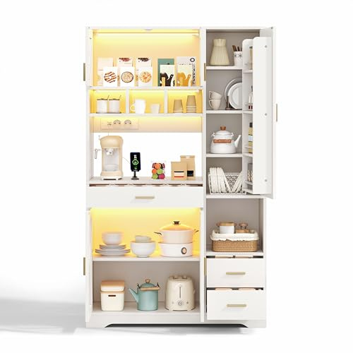 FurnitureR Küchenhochschrank, hoher Küchenschrank 105 x 40 x 185 cm, Weiß, MDF Vorratsschrank mit 5 Türen und 3 Schubladen, APP-LED, Steckdosenleiste, für Pantry, Kaffeeecke und offene Wohnküche