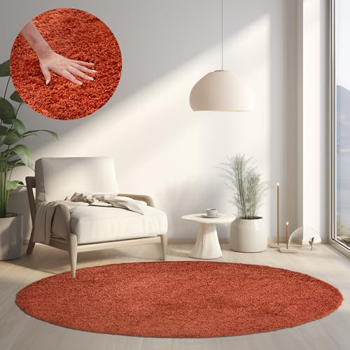 HomebyHome Teppich Rund Hochflor 160 cm Rund - Shaggy Runder Teppich Wohnzimmer Terrakotta Extra Weich und Flauschig - Waschbarer Langflor Teppiche für Schlafzimmer, Küche, Flur - Carpet, Halı, Kilim