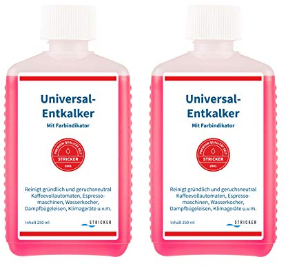 STRICKER Entkalker mit Farbindikator I Flüssig-Entkalker I Universell einsetzbar für Kaffee-Vollautomat, Kaffee-Maschine, Wasserkocher (2 x 250 ml)