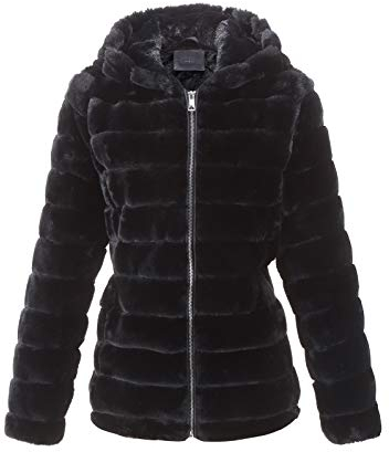 Geschallino Cappotto da donna in Pelliccia Sintetica Capispalla con Cappuccio Corto Giacca in Pile Sherpa Inverno 1801 Nero L