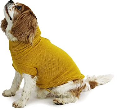 Ancol Mustard Cable Knit Dog Jumper for Dog Extra Warm Woollen Sweater with Leg Straps Rolled Neck Harness Hole Mustard Pet Puppy Apparel - XS