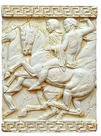 Griechisches Wandbild Wandrelief Mäandermuster Reiterkampf Creme Beige