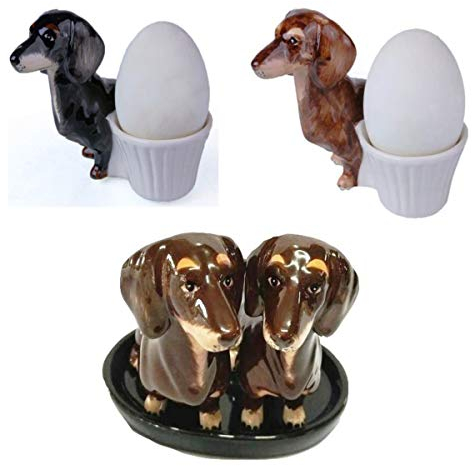 Dackel Hund Salz und Pfefferstreuer Eierbecher Keramik Geschenk Frühstück Set (SALZ PFEFFER IN BRAUN)