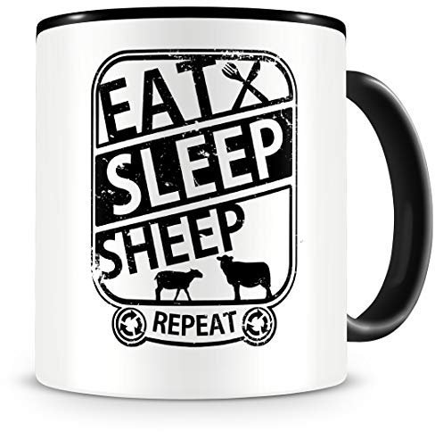 Samunshi® Schaf Tasse mit Spruch Eat Sleep Sheep Repeat Geschenk für Schäfer Kaffeetasse groß Lustige Tassen zum Geburtstag schwarz 300ml