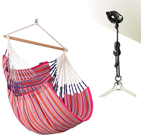 LA SIESTA®- Habana Hängesessel Comfort Size + Befestigungsset für Entspannung & Stil: 360° Drehgelenk, hochwertiges Bambusholz - GOTS-zertifizierte Baumwolle. Ideal als Geschenk (Flamingo)
