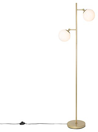 Qazqa - Art Deco Art Deco Stehleuchte I Stehlampe I Standleuchte I Lampe I Leuchte Gold I Messing mit Milchglas 2-Licht - Pallon I Wohnzimmer I Schlafzimmer - Stahl Länglich - LED geeignet E14