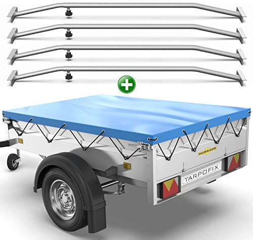Tarpofix® Anhänger Plane 258x136cm + 4X Planenbügel | für 1300kg PKW Hänger | Flachplane aus PVC PLANENMATERIAL | Verstärkte Humbaur Anhängerplane | Anhänger Zubehör Plane + Flachplanenbügel