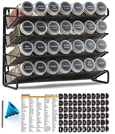 SpaceAid 4 Tier Spice Rack Organizer with 28 Spice Jars, 386 Spice Labels, Chalk Marker and Funnel Set for Cabinet, Countertop, Pantry, Cupboard or Door & Wall Mount