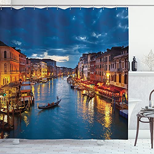 ABAKUHAUS Venedig Duschvorhang, Blick auf den Canal Grande Rialto, Stoffliches Gewebe Badezimmerdekorationsset mit Haken, 175 x 180 cm, Indigo und Gelb