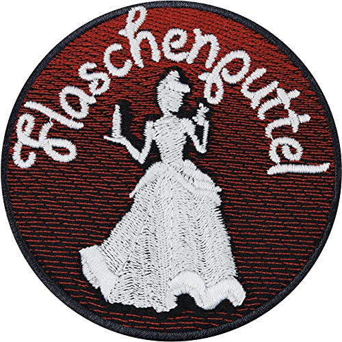 Aufbügler FLASCHENPUTTEL Patch zum annähen | Kostüm Aufnäher Aschenputtel mit Flasche Junggesellenabschied Mädelstrip Hochzeit Team Braut Prinzessinnen Geschenk Frauen Bügelbild 80x80mm