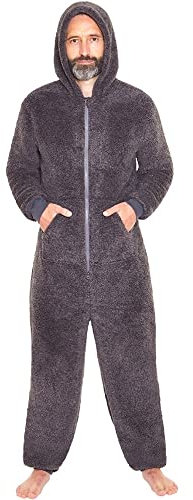 Just Essentials Mens Boys Fleece Onesies Gowns Robes Hooded Jumpsuit UK Seller - Charcoal Onesie - XX-Large