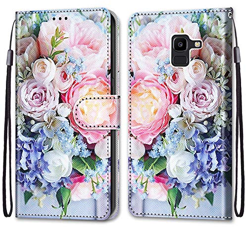 Mo-Somnus Kompatibel mit Samsung Galaxy J6 2018 / J600 Hülle, Leder Handyhülle mit Kartenfach Geld Slot Ständer PU Ledertasche Wallet Flip Brieftasche Magnetische Schutzhülle Case Etui (Blume 3)