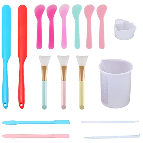XIACIBDUS 17PCS Silicone Stir Sticks Kit Epoxy Resin, Silicone Spatula, Measuring Cups, Face Mask Brushes, Mixing Spoon, Resin Kits for Beginners Epoxy Liquid Mask Paint Glitter Tumblers