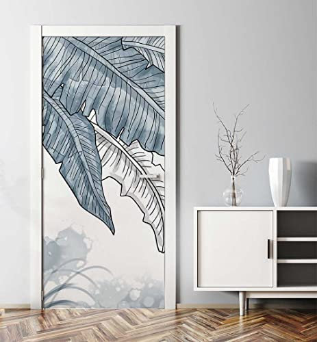 MyMaxxi - Tür bekleben mit Türtapete Türposter Türfolie Selbstklebend 90x200 Hängende große Palmblätter - Tür verschönern ? Türaufkleber Türklebefolie Baum Blatt Tropisch blau weiß