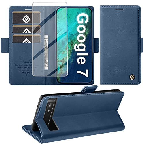 Handyhülle für Google Pixel 7 - Premium Leder Schutzhülle mit Standfunktion, Kartenfach Wallet, Stoßfeste Klapphülle (blau)