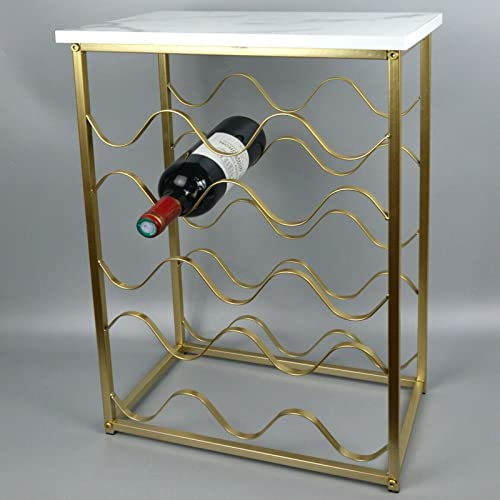 UK ONLINE DEALS Large Stylish Shelves Wine Rack 12 Bottles Holder Gold Metal Frame with Oak Finish Top | Wine Rack Table | 4 Tier Home Bar Unit | Heavy Duty Drinks Cabinets | W40 x D26 x H60 cm