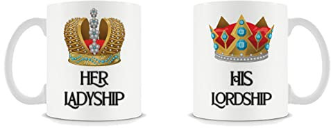 Getagift His Lordship & Her Ladyship Set of 2 Mugs in Individual Gift Boxes 11 oz White Handle Mug