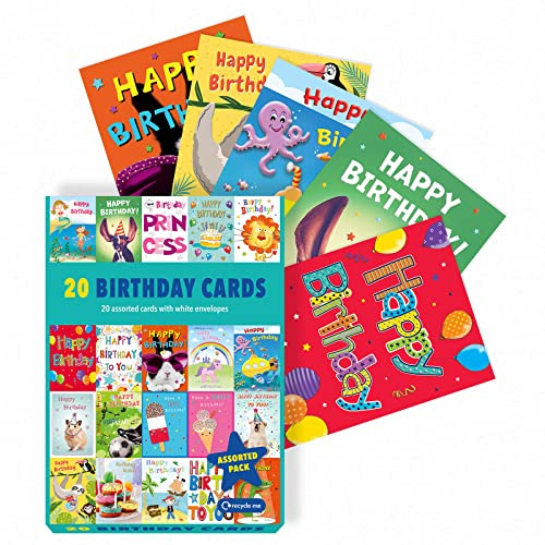 Piccadilly Greetings Verschiedene Kinder-Geburtstagskarten, Multipack, 20 Stück, 12,7 x 17,8 cm, 20 einzigartige bunte Designs mit weißen Umschlägen, geeignet für Jungen und Mädchen