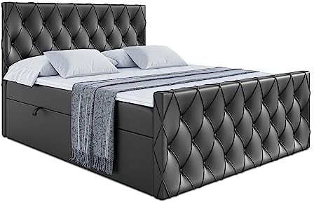 ALTDECOR Boxspringbett mit Matratze und Lattenrost, Boxbett, Fußteil, Topper, Polsterbett mit Bettkasten, Bett mit Stauraum H3-Matratze, Doppelbett - Amay - 180x200 - Schwarz Kunstleder