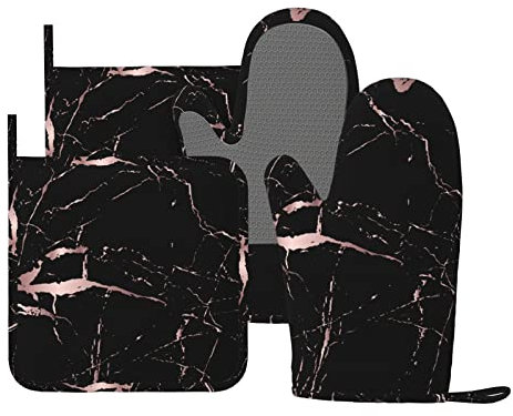 Oven Mitts and Pot Holders Rose Gold Marble Black Silicone Kitchen Accessories Set of 4 Heat Resistant Long Gloves Potholder Non-Slip Grip for Chef Cooking,Baking,Grilling,BBQ