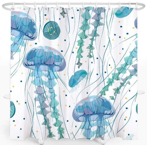 SRINKOC Strand-Quallen-Duschvorhang, verziert mit Stoff am Ozean, Strand-Thema, Duschvorhang mit Stoff im Ozean, 183 x 183 cm und 12 Haken wasserdicht