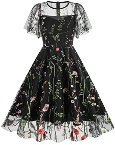 Wellwits Women's Flutter Sleeves Sheer Floral Embroidery Mesh Special Occasion Cocktail Formal Vintage Dress Black 2XL