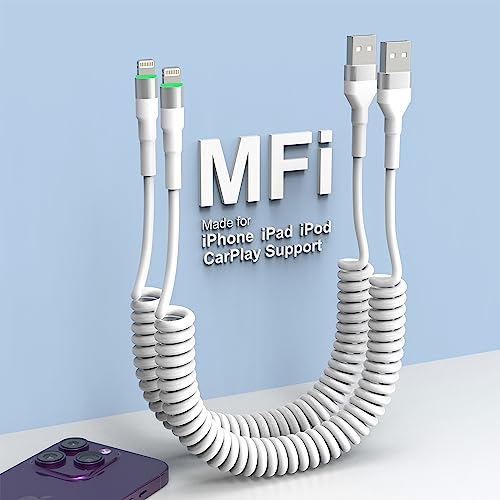 USB auf Lightning Kabel Spiralkabel für Apple CarPlay, Kurz Spiral Einziehbar USB A iPhone Ladekabel mit Datenübertragung und LED MFi Zertifiziert für iPhone 14 13 12 11 Pro Max 8 7 6 X Serie, Weiß