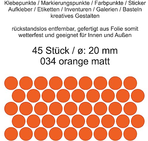 Aufkleber Etiketten Klebepunkte aus Folie 45 Stück orange matt rund 20 mm selbstklebend farbig wetterfest Decal Markierungen Organisieren DIY basteln verzieren Modellbau Scrapbooking