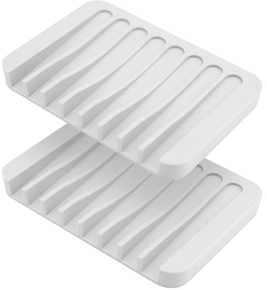 2Pcs Silicone Soap Dish, Auzass Anti-Slip Self Draining Soap Holder, Portable Soap Drainer Dish Tray for Shower, Bathroom, Kitchen, Counter Top, Keep Soap Dry, Easy Cleaning (White+White)