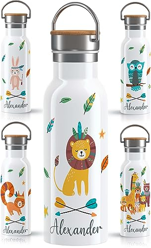 OWLBOOK Boho Löwe Trinkflasche personalisiert aus Edelstahl für Kinder mit Zoo Dschungel Waldtiere - 600 ml Kindertrinkflasche mit Bambusdeckel - Auslaufsicher BPA-frei - für warme und kalte