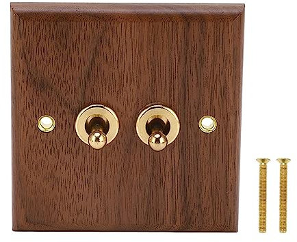 Risegun Interruptor de Luz de Doble Palanca, panel de montaje en pared de madera de nogal de Estilo Industrial retro, Placa de Interruptor de Palanca de Latón de Madera Maciza(50Hz 250V)