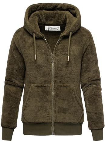 REPUBLIX Damen Teddy Sweatjacke Plüsch Hoodie Pullover Zipper Jacke RD-015 Khaki XL