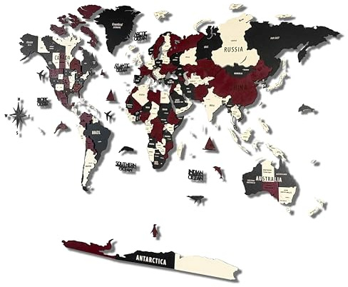 Colorfull Worlds 3D Wooden World Map Wall Art | Unique Wall Decor with Pins for Travel Enthusiasts | Home and Office Wall Décor | Burgundy | Large