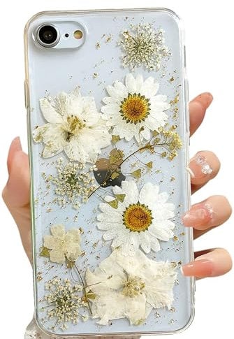 LSEEKA for iPhone SE 2022/ SE 2020/8/7 Clear Case with Pressed Real Flowers Design,Glitter Cute White Floral Pattern Slim Soft TPU Protective Women Girl's Phone Cover for iPhone 8/7/SE 2022/2020/