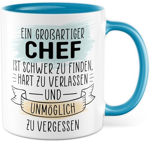 Chef Tasse mit Spruch - Geschenk Ein großartiger Chef ist unmöglich zu vergessen - Kaffeetasse 330ml aus Keramik - Rente Mitarbeiter Geschenkidee Ruhestand Abschiedsgeschenk Bürotasse (Weiß/Blau)