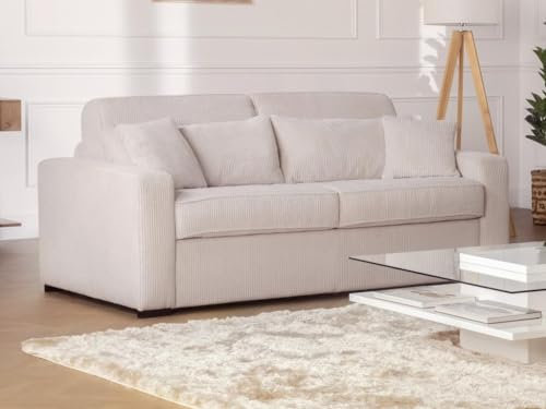 Vente-unique-Schlafsofa mit Matratze 4-Sitzer - Liegefläche mit Lattenrost mit Breiten Latten 160 cm - Matratze 16 cm - Cord - Beige - MONDOVI