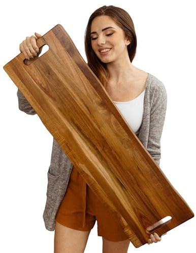 Grande tagliere da portata in acacia con manici, piatto rettangolare da 91,5 x 30,5 cm, in legno naturale, per carne, formaggi e antipasti per feste, extra lungo 0,9 m, leggero